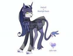 Size: 2048x1592 | Tagged: safe, artist:anemonaii, derpibooru import, oc, oc only, ahuizotl (species), hybrid, pony, unicorn, g4, adoptable, adoptable open, bald face, beauty mark, black lipstick, blaze (coat marking), blue coat, blue hair, blue hooves, blue tail, claws, clothes, coat markings, colored claws, colored hooves, colored pinnae, concave belly, cutie mark on hybrid, ear piercing, earring, eye markings, eyelashes, facial markings, female, female oc, fetlock tuft, fusion, fusion:ahuizotl, fusion:moonlight raven, gradient hair, green eyes, head turn, hooves, horn, hybrid fusion, hybrid oc, jewelry, lace, lace stockings, leonine tail, lipstick, long hair, long mane, looking at you, mare, mare oc, neck ribbon, obtrusive watermark, piercing, prehensile tail, raised leg, see-through, see-through skirt, sheer silk, sheer stockings, shiny horn, shirt, signature, simple background, skirt, slender, smiling, smiling at you, solo, standing, standing on three hooves, star mark, stars, stockings, straight hair, straight mane, striped hair, striped mane, tail, tail hand, thigh highs, thin, three quarter view, two toned mane, two toned tail, unicorn horn, unicorn oc, unshorn fetlocks, wall of tags, watermark, white background