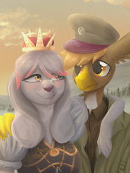 Size: 1668x2224 | Tagged: safe, artist:cupute, derpibooru import, oc, oc:grimes brandt, oc:princess molly, diamond dog, griffon, equestria at war mod, blushing, clothes, crown, diamond dog oc, dress, golden eyes, griffon oc, jewelry, military cap, necklace, outdoors, regalia, royalty, sky, smiling