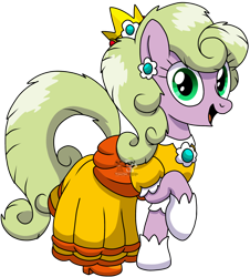 Size: 2334x2579 | Tagged: safe, artist:yourboimario, derpibooru import, daisy, flower wishes, earth pony, pony, g4, clothes, crown, dress, ear piercing, earring, female, gloves, happy, jewelry, mare, obtrusive watermark, piercing, princess daisy, pun, regalia, simple background, solo, super mario, transparent background, visual pun, watermark