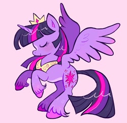 Size: 2048x1984 | Tagged: safe, artist:alexbeeza, derpibooru import, twilight sparkle, twilight sparkle (alicorn), alicorn, pony, g4, alternate design, bangs, blaze (coat marking), blushing, coat markings, colored belly, colored hooves, colored pinnae, colored wings, colored wingtips, concave belly, crown, cute, eyelashes, eyes closed, facial markings, feathered wings, female, fetlock tuft, gradient legs, gradient wingtips, hooves, horn, jewelry, leg markings, long mane, long tail, mare, pale belly, pink background, pink hooves, pink wingtips, profile, purple coat, rearing, regalia, simple background, solo, spread wings, star mark, stars, straight mane, straight tail, tail, three toned mane, three toned tail, twiabetes, unicorn horn, unshorn fetlocks, wings