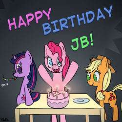 Size: 1000x1000 | Tagged: artist needed, safe, artist:adequality, color edit, derpibooru import, edit, applejack, pinkie pie, twilight sparkle, unicorn twilight, pony, unicorn, g4, bipedal, birthday cake, cake, colored, drawthread, female, food, happy birthday, mare, open mouth, open smile, plate, raised hooves, requested art, signature, smiling, standing, table, toot