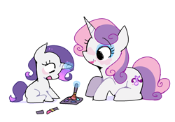 Size: 1560x1092 | Tagged: safe, artist:syrupyyy, derpibooru import, rarity, sweetie belle, pony, unicorn, g4, age swap, alternate cutie mark, belle sisters, blank flank, blue eyeshadow, blushing, cute, daaaaaaaaaaaw, diasweetes, duo, duo female, eyebrows, eyebrows visible through hair, eyelashes, eyeshadow, female, filly, filly rarity, foal, horn, levitation, lipstick, looking at someone, looking at something, lying down, magic, makeup, makeup brush, older, older sweetie belle, open mouth, open smile, pink lipstick, profile, prone, purple mane, purple tail, raribetes, ringlets, role reversal, siblings, simple background, sisters, sitting, smiling, smiling at someone, smiling at something, tail, telekinesis, two toned mane, two toned tail, unicorn horn, white background, white coat, younger