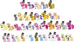 Size: 3958x2267 | Tagged: safe, artist:selenaede, artist:victorfazbear, derpibooru import, applejack, bon bon, bumblesweet, candy mane, cupcake (g4), fizzypop, fluttershy, pinkie pie, plumsweet, rainbow dash, rarity, sugar grape, sweetcream scoops, sweetie drops, sweetie swirl, twilight sparkle, twilight sparkle (alicorn), alicorn, earth pony, pegasus, pony, robot, robot pony, unicorn, g4, animatronic, applefreddy, base used, bowtie, clothes, cowboy hat, crossover, cupcake, endoskeleton, female, five nights at freddy's, five nights at pinkie's, folded wings, food, golden applejack, golden pinkie, hat, horn, mare, minty (g4), open mouth, open smile, pinkamena diane pie, pinkie fazpie, recolor, simple background, smiling, sprinkle stripe, surprise (g4), template, top hat, transparent background, wings