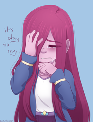 Size: 2700x3540 | Tagged: safe, artist:blueyouaway, derpibooru import, pinkie pie, human, equestria girls, g4, blue background, crying, pinkamena diane pie, sad, simple background, solo