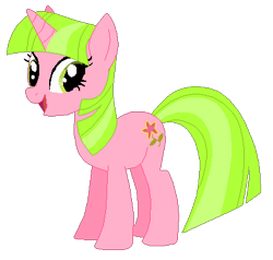 Size: 410x391 | Tagged: safe, artist:selenaede, artist:user15432, derpibooru import, pony, unicorn, g4, base used, generation leap, green eyes, green mane, green tail, horn, looking at you, not twilight sparkle, open mouth, open smile, pick-a-lily, pink coat, recolor, simple background, smiling, solo, tail, transparent background