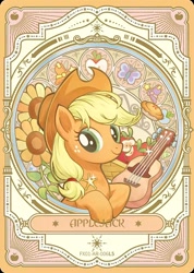 Size: 1284x1799 | Tagged: safe, derpibooru import, applejack, butterfly, earth pony, pony, g4, apple, apple pie, badge, basket, card, cutie mark, flower, food, guitar, hat, kayou, looking at you, merchandise, musical instrument, official, pie, smiling, solo, stained glass, sunflower, text