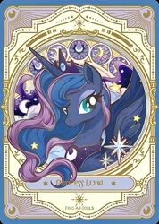 Size: 1283x1802 | Tagged: safe, derpibooru import, princess luna, alicorn, pony, g4, card, cloud, crown, flowing mane, jewelry, kayou, long hair, looking at you, merchandise, moon, necklace, official, regalia, slender, smiling, solo, spread wings, stained glass, stars, text, thin, wings