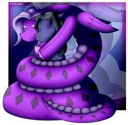 Size: 1711x1684 | Tagged: safe, artist:thebenalpha, derpibooru import, oc, oc only, oc:ashaka, oc:blazing paw, lamia, original species, pegasus, pony, coiling, coils, duo, eyes closed, folded wings, hug, plushie, wings