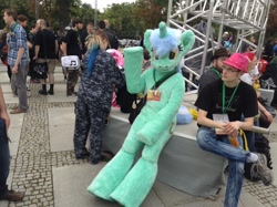 Size: 1296x968 | Tagged: safe, derpibooru import, lyra heartstrings, human, g4, 2015, fursuit, galacon, group, irl, irl human, outdoors, photo, ponysuit, sitting, waving