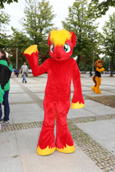 Size: 1824x2736 | Tagged: safe, artist:atalonthedeer, derpibooru import, big macintosh, oc, oc:tracy swift, human, g4, 2015, fursuit, galacon, irl, irl human, outdoors, photo, ponysuit, solo focus, waving