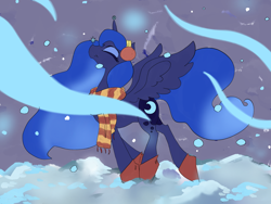 Size: 4800x3600 | Tagged: safe, artist:ponny, derpibooru import, princess luna, alicorn, earth pony, pony, g4, boots, clothes, colored, cute, earmuffs, eyes closed, female, lunabetes, mare, outdoors, scarf, shoes, smiling, snow, snowflake, solo, spread wings, tail, wavy mane, wavy tail, wings, winter