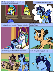 Size: 768x1024 | Tagged: safe, artist:wrath-marionphauna, derpibooru import, princess celestia, oc, oc:blue thunder, oc:lightning storm, oc:sour candy, alicorn, kirin, g4, bread, commission, food, kirin oc, throne