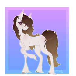 Size: 4320x4320 | Tagged: safe, artist:chazmazda, derpibooru import, oc, oc only, pony, accessory, art trade, bent legs, blushing, bracelet, brown mane, butt blush, colored, commission open, ear piercing, earring, ears up, fetlock tuft, flat colors, fluffy, fringe, full body, gradient background, hair, highlights, hooves, jewelry, long hair, long legs, long tail, looking at you, necklace, outline, piercing, raised hoof, raised leg, shading, shoulder blush, sign, signature, slit eyes, smiling, smiling at you, solo, tail