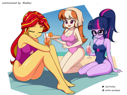 Size: 1590x1186 | Tagged: safe, artist:twilite-sparkleplz, derpibooru import, sci-twi, sunset shimmer, twilight sparkle, oc, oc:mandarine mélange, human, equestria girls, g4, bare shoulders, barefoot, beach, beach towel, breasts, cleavage, clothes, drink, feet, female, one-piece swimsuit, outdoors, sci-twi swimsuit, sleeveless, swimsuit, trio, trio female