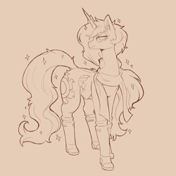 Size: 1200x1200 | Tagged: safe, artist:cold-blooded-twilight, derpibooru import, princess celestia, alicorn, pony, g4, alternate hairstyle, boots, clothes, earmuffs, messy hair, monochrome, scarf, shoes, sketch, smiling, sparkles