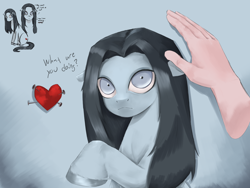 Size: 2600x1950 | Tagged: safe, artist:lillslim, derpibooru import, oc, oc only, earth pony, human, pony, dialogue, hand, looking at you, painting, petting, raised hoof, raised leg