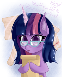 Size: 2780x3480 | Tagged: safe, artist:krymak, derpibooru import, twilight sparkle, pony, g4, glasses, scroll, solo