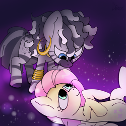 Size: 1271x1269 | Tagged: safe, artist:imlpidimon, derpibooru import, fluttershy, zecora, pegasus, g4, cute, cutie mark, dock, ear piercing, earring, fanart, glowing, gradient background, hair, jewelry, piercing, ring, signature, tail