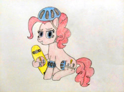 Size: 4032x3016 | Tagged: safe, artist:jakusi, derpibooru import, pinkie pie, earth pony, pony, g4, /pnk/, elbow pads, female, grin, helmet, knee pads, mare, pinktober, sitting, skateboard, smiling, solo, traditional art