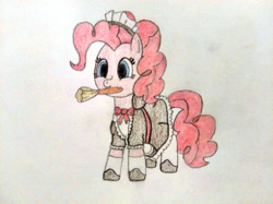 Size: 4032x3016 | Tagged: safe, artist:jakusi, derpibooru import, pinkie pie, earth pony, pony, g4, /pnk/, bow, clothes, dress, duster, female, frills, frilly, frilly dress, maid, maid headdress, mare, mouth hold, pinktober, shoes, socks, solo, traditional art