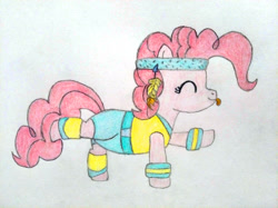 Size: 4032x3016 | Tagged: safe, artist:jakusi, derpibooru import, pinkie pie, earth pony, pony, g4, /pnk/, armband, clothes, dancing, eyes closed, feather, female, headband, leg warmers, mare, pinktober, solo, traditional art, workout, workout outfit