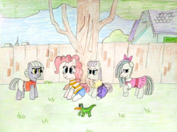 Size: 4032x3016 | Tagged: safe, artist:jakusi, derpibooru import, gummy, limestone pie, marble pie, maud pie, pinkie pie, earth pony, pony, g4, /pnk/, angry, beak, bow, candace flynn, clothes, dress, female, fence, ferb fletcher, grass, hair bow, isabella garcia shapiro, mare, outdoors, pants, perry the platypus, phineas and ferb, phineas flynn, pinktober, shirt, shy, sitting, skirt, solo, t-shirt, traditional art, tree