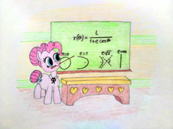 Size: 4032x3016 | Tagged: safe, artist:jakusi, derpibooru import, pinkie pie, earth pony, pony, g4, /pnk/, algebra, alternate hairstyle, bowtie, chalkboard, desk, female, geometry, hair bun, heart, indoors, mare, math, pi, pinkie pi, pinktober, pointer, pun, school, shirtless shirt collar, solo, teacher, teaching, traditional art