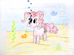 Size: 4032x3016 | Tagged: safe, artist:jakusi, derpibooru import, pinkie pie, earth pony, fish, pony, g4, /pnk/, bubble, diving, female, holding breath, mare, pinktober, puffy cheeks, sand, seabed, seaweed, solo, traditional art, underwater, water