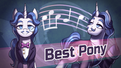 Size: 1920x1080 | Tagged: safe, alternate version, artist:bkiltersot, derpibooru import, fancypants, unicorn, g4, best pony, bowtie, clothes, danganronpa, front view, horn, music notes, smiling, solo, style emulation, suit, text