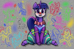 Size: 1333x874 | Tagged: safe, artist:parumpi, derpibooru import, oc, oc:twi clown, pony, unicorn, clothes, clown, clown makeup, clown nose, colored, female, fishnet clothing, fishnet stockings, graffiti, horn, looking at you, red nose, skirt, smiling, solo, stockings, thigh highs, thighs, thunder thighs