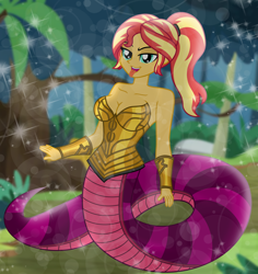 Size: 8484x9000 | Tagged: safe, artist:emeraldblast63, derpibooru import, sunset shimmer, lamia, original species, equestria girls, g4, bare shoulders, blurry background, bracelet, breasts, cleavage, clothes, collarbone, commission, jewelry, looking at you, ponytail, sleeveless, solo, stupid sexy sunset shimmer, sunset jiggler, tongue, tongue out, tree