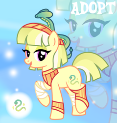 Size: 1280x1337 | Tagged: safe, artist:vi45, derpibooru import, oc, oc only, earth pony, pony, adoptable, armor, bandage, bandaged, bandaged leg, bangs, base used, bipedal, bobcut, bracer, earth pony oc, eyelashes, eyeshadow, female, female oc, gradient background, green eyeshadow, green mane, green tail, headband, leg armor, lidded eyes, looking at you, makeup, mare, mare oc, open mouth, open smile, peytral, purple eyes, raised leg, short hair, smiling, smiling at you, solo, standing, straight mane, straight tail, tail, three quarter view, three toned mane, three toned tail, uraeus, yellow coat, zoom layer