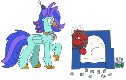 Size: 3138x2010 | Tagged: safe, artist:supahdonarudo, derpibooru import, oc, oc only, oc:ironyoshi, oc:sea lilly, classical hippogriff, hippogriff, unicorn, alcohol, blanket, bottle, camera, chair, cup, hangover, hat, horn, jewelry, looking at each other, looking at someone, necklace, new year, noisemaker, party hat, simple background, transparent background, wine, wine bottle