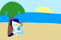 Size: 1935x1285 | Tagged: safe, anonymous artist, derpibooru exclusive, derpibooru import, rainbow dash, soarin', pegasus, pony, series:soarindash honeymoon, series:soarindash romantic tales, g4, beach, cute, dashabetes, female, heartwarming, male, mare, palm tree, pointy ponies, primal, rainbow dash is best pony, romantic, shipping, sitting, smiling, soarinbetes, soarindash, stallion, straight, sweet dreams fuel, tree