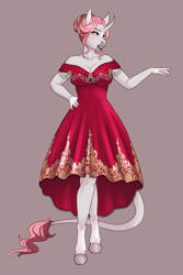 Size: 2025x3036 | Tagged: safe, artist:askbubblelee, derpibooru import, oc, oc only, oc:rosie quartz, anthro, unguligrade anthro, unicorn, alternate universe, anthro oc, breasts, busty oc, cleavage, clothes, curved horn, digital art, dress, female, hair bun, horn, leonine tail, lipstick, mare, red dress, simple background, smiling, tail, unicorn oc