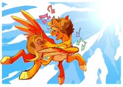 Size: 1280x904 | Tagged: safe, artist:hallowraith, derpibooru import, oc, oc only, oc:carmine garnet, pegasus, brown mane, cloud, flying, large wings, music notes, orange fur, ponysona, solo, wings