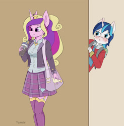 Size: 2123x2160 | Tagged: safe, artist:yumir, derpibooru import, princess cadance, shining armor, alicorn, anthro, pony, g4, clothes, love, pretty, school uniform, uniform