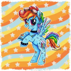 Size: 1460x1460 | Tagged: safe, artist:dariarchangel, derpibooru import, part of a set, rainbow dash, pegasus, pony, g4, 3d cutie mark, :d, alternate cutie mark, alternate design, alternate hairstyle, band-aid, band-aid on nose, bandage, bandaged wing, bipedal, blue coat, bracelet, choker, chokerdash, cute, dashabetes, ear piercing, earring, female, goggles, goggles on head, jewelry, mare, multicolored hair, multicolored mane, multicolored tail, necklace, open mouth, open smile, passepartout, patterned background, piercing, rainbow hair, rainbow tail, raised hoof, raised leg, redesign, rose eyes, scuff mark, short hair, short hair rainbow dash, short mane, short tail, smiling, solo, spiked wristband, spread wings, standing, stars, tail, torn ear, torn wings, traditional art, wings, wristband