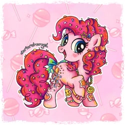 Size: 1462x1462 | Tagged: safe, artist:dariarchangel, derpibooru import, part of a set, pinkie pie, earth pony, pony, g4, 3d cutie mark, :d, alternate design, blue eyes, bow, bracelet, candy, confetti, curly hair, curly mane, curly tail, cute, diapinkes, female, flower, food, hairclip, heart, heart blush, jewelry, lollipop, mare, necklace, open mouth, open smile, passepartout, patterned background, pink coat, pink hair, pink mane, pink tail, ponk, raised hoof, raised leg, redesign, shortie, smiley face, smiling, solo, standing, standing on three hooves, star hairpin, stars, sticker, sweets, tail, tail bow, traditional art