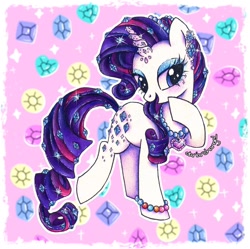 Size: 1394x1387 | Tagged: safe, artist:dariarchangel, derpibooru import, part of a set, rarity, crystal pony, pony, unicorn, g4, 3d cutie mark, :d, alternate cutie mark, alternate design, beautiful, bedazzled, bejeweled, big eyelashes, bipedal, blue eyes, blue eyeshadow, bracelet, crystal heart, crystal horn, crystal rarity, crystallized, cute, ear piercing, earring, eyeshadow, female, forehead gem, gem, gemstones, graceful, hoof on chin, horn, jewelry, looking down, makeup, mare, necklace, open mouth, open smile, passepartout, patterned background, pearl, pearl bracelet, pearl necklace, piercing, pretty, purple hair, purple mane, purple tail, raised hoof, raised leg, raribetes, redesign, smiling, solo, sparkles, standing, tail, unicorn horn, white coat