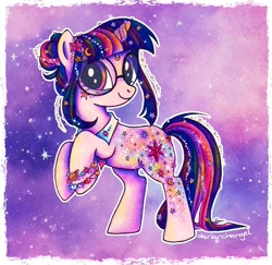 Size: 1074x1046 | Tagged: safe, artist:dariarchangel, derpibooru import, part of a set, twilight sparkle, unicorn twilight, pony, unicorn, g4, 3d cutie mark, alternate cutie mark, alternate design, alternate hairstyle, bags under eyes, bangs, beads, bedazzled, bipedal, bracelet, collar, crescent moon, cute, cutie mark on legs, female, glasses, hair bun, horn, jewelry, long tail, mare, moon, multicolored hair, multicolored mane, multicolored tail, passepartout, planet, purple coat, purple eyes, purple smart, raised hoof, raised leg, rearing, redesign, smiling, solo, space, sparkles, stars, tail, three toned hair, three toned mane, three toned tail, traditional art, twiabetes, unicorn horn