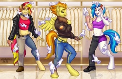 Size: 1586x1035 | Tagged: safe, artist:hornbuckle, derpibooru import, dj pon-3, spitfire, sunset shimmer, vinyl scratch, anthro, human, pegasus, unguligrade anthro, unicorn, g4, boutique, clothes, clothes rack, female, hand, horn, human to anthro, indoors, magic, magic hands, reflection, smiling, species swap, transformation, transforming clothes, trio