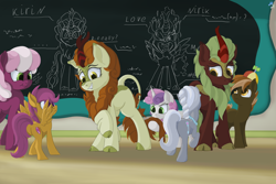 Size: 3000x2000 | Tagged: safe, artist:maslivka, derpibooru import, autumn blaze, button mash, cheerilee, cinder glow, scootaloo, silver spoon, summer flare, sweetie belle, earth pony, kirin, nirik, pegasus, pony, unicorn, g4, chalkboard, classroom, curious, female, filly, foal, grin, high res, horn, mare, ponyville schoolhouse, scrunchy face, smiling, spread wings, wings