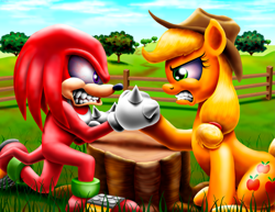 Size: 2795x2160 | Tagged: safe, artist:jac59col, derpibooru import, applejack, anthro, earth pony, pony, g4, angry, apple, apple orchard, apple tree, arm wrestling, competition, crossover, duo, echidna, female, fence, gritted teeth, knuckles the echidna, male, mare, mobian, orchard, red eyes, sonic the hedgehog (series), teeth, tree, tree stump