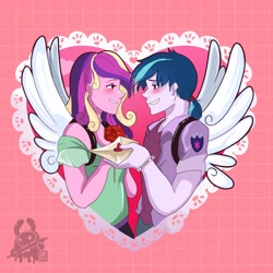 Size: 2048x2048 | Tagged: safe, artist:inkrred, derpibooru import, princess cadance, shining armor, human, equestria girls, g4, blushing, bracelet, duo, duo male and female, fake wings, female, flower, friendship bracelet, grin, heart, high res, holiday, jewelry, letter, looking at each other, looking at someone, male, shiningcadance, shipping, smiling, smiling at each other, straight, valentine, valentine's day, wings, ych example, your character here