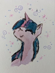 Size: 1551x2048 | Tagged: safe, artist:manicpanda, derpibooru import, twilight sparkle, unicorn twilight, pony, unicorn, g4, bust, cute, eyes closed, female, horn, mare, smiling, solo, traditional art, twiabetes, watercolor painting