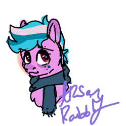 Size: 575x577 | Tagged: safe, artist:arsonrabbit, derpibooru import, oc, oc only, oc:frigid flower, earth pony, pony, g4, blue hair, blue mane, chest fluff, clothes, digital art, earth pony oc, freckles, looking at you, male, pink coat, red eyes, scarf, signature, simple background, solo, stallion, tail, white background