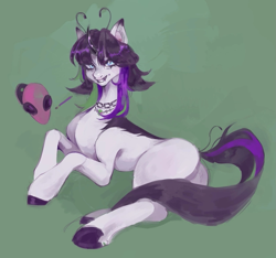 Size: 1171x1097 | Tagged: safe, artist:vimshnya, derpibooru import, oc, oc only, pony, unicorn, butt, concave belly, curved horn, fangs, female, horn, jewelry, lying down, mare, necklace, piercing, plot, prone, slender, solo, thin