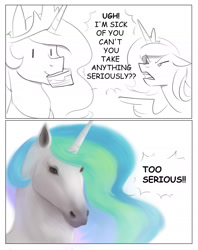 Size: 1582x1998 | Tagged: safe, artist:tanatos, derpibooru import, princess celestia, princess luna, alicorn, pony, g4, 2 panel comic, comic, cute, female, hoers, siblings, sisters, too serious