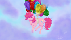 Size: 3840x2160 | Tagged: safe, artist:klio, derpibooru import, pinkie pie, album:colors of life, g4, balloon, floating, flying, happy, sky, solo, then watch her balloons lift her up to the sky